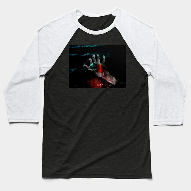 Digital collage, special processing. Hand laying on some wet surface. Psychedelic. Liquid in hand. Blue, red and orange. Baseball T-Shirt by 234TeeUser234